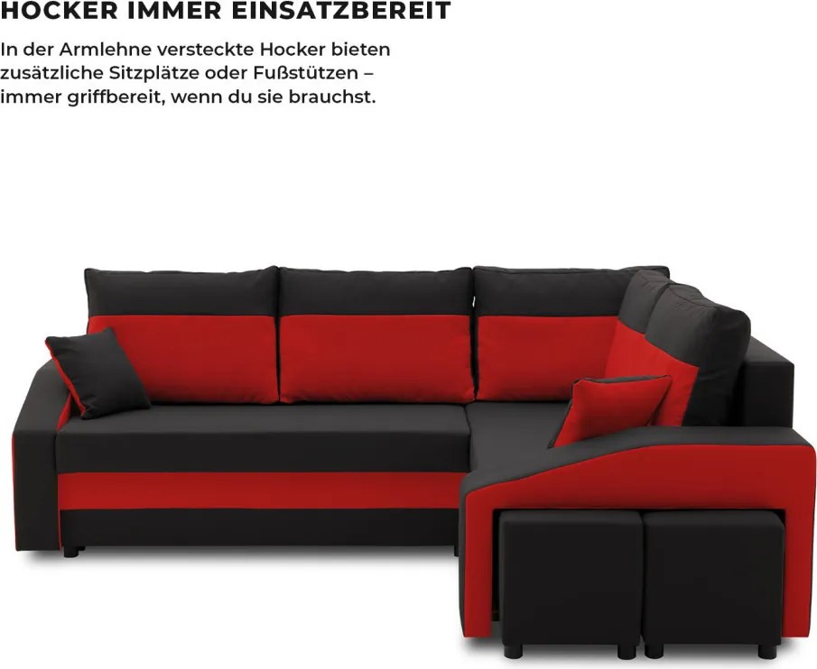 Grande sarokkanapé polcokkal és puffokkal , polc a bal karfaban puffok a jobb karfaban, jobboldali, szövet anyag, bonell töltet, fekete - piros