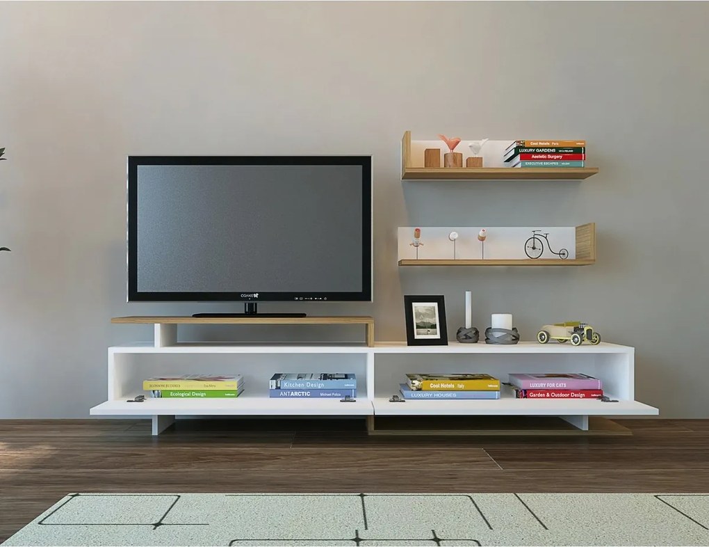 Ayaz White and Teak TV-állvány polcokkal