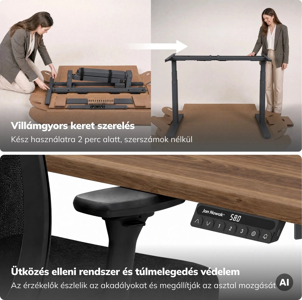 Elektromos íróasztal magasságállítással ergonomikus antracit/dió,1400x700 mm: ARIA