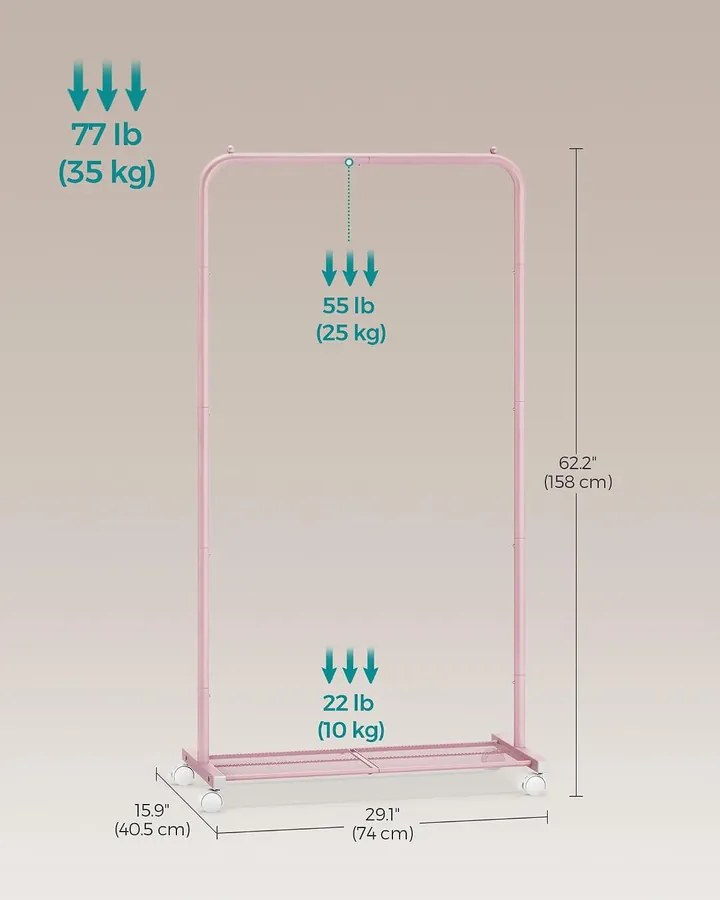 SONGMICS Görgethető Fém Ruhatartó Állvány Polccal, 74 cm, Rózsaszín