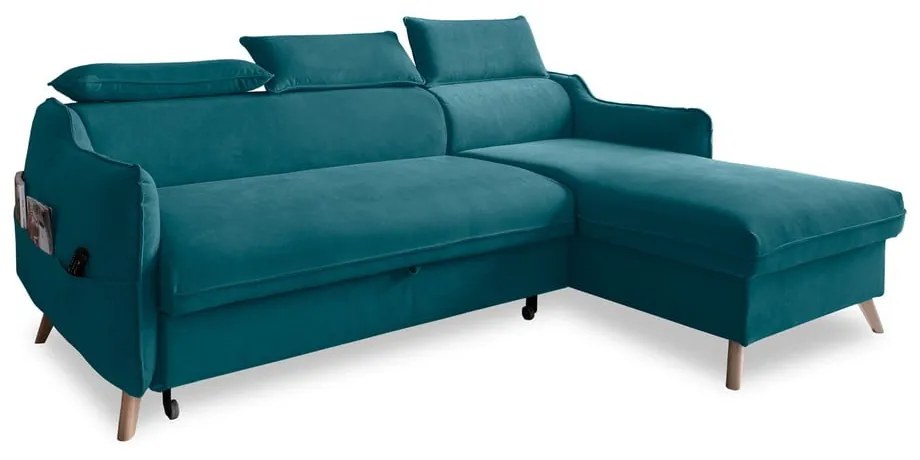 Türkiz bársony kinyitható sarokkanapé (jobb oldali) Sweet Harmony – Miuform