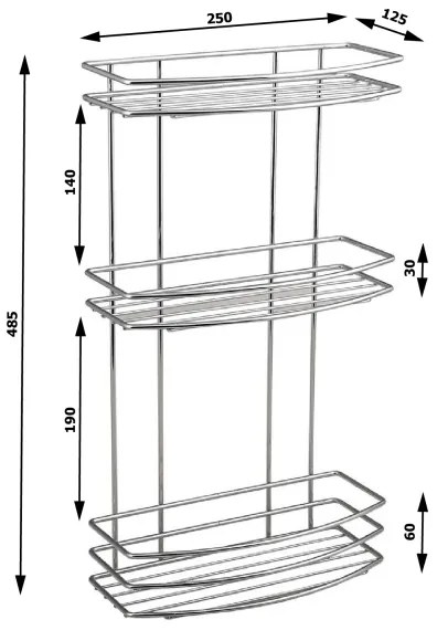 Aqualine - Háromszintes zuhany fali polc KRÓM LINE fényezett króm