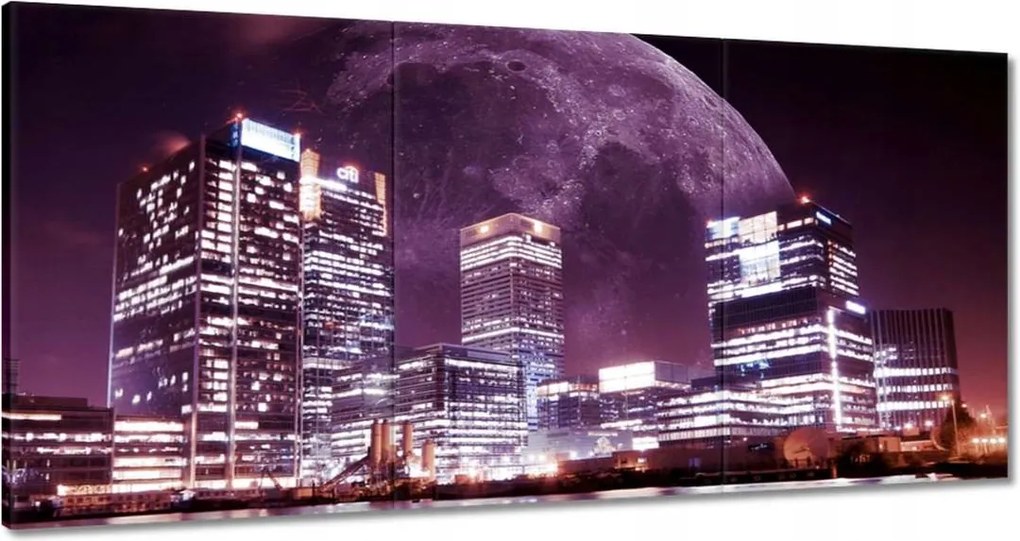 Vászonkép 180x90 Lila város éjszaka Hold felhőkarcolók