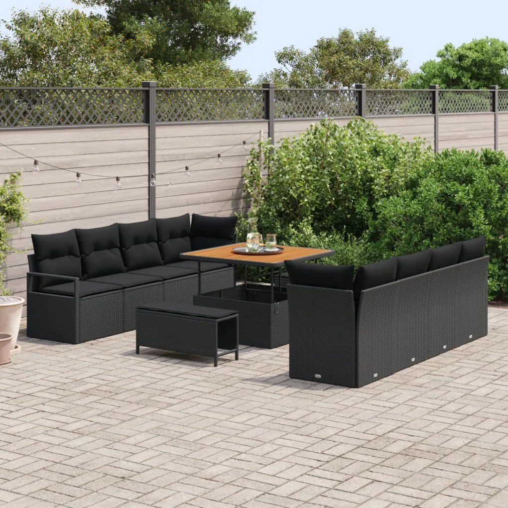 11 Darabos Kert Kanapé Szett Párnákkal Fekete Poly Rattan Eukaliptusz, 2-Fős Kert Kanapé Párnákkal Fekete Poly Rattan, 3 Darabos Kert Étkező Szett Párnákkal Fekete Poly Rattan Eukaliptusz