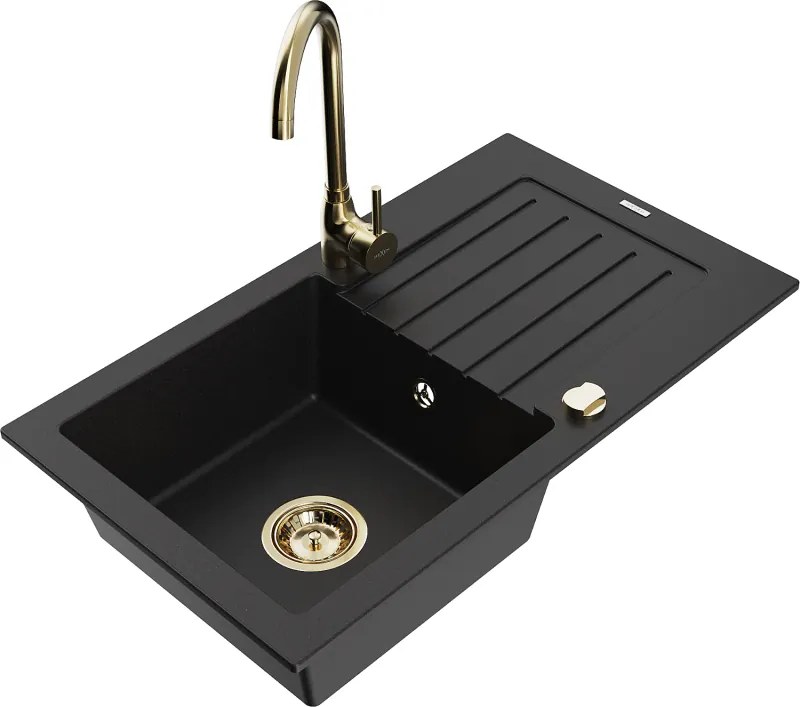Mexen Pablo gránit mosogatótálca 1-medencés csepptálcával és Telma konyhai csapteleppel, fekete - 6510-77-670200-50
