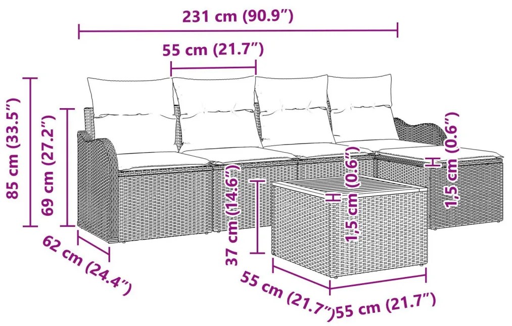 6 részes Kerti Sofa Szett Párnákkal Szürke Poly Rattan Akác, 2-személyes Kerti Sofa Párnákkal Szürke Poly Rattan