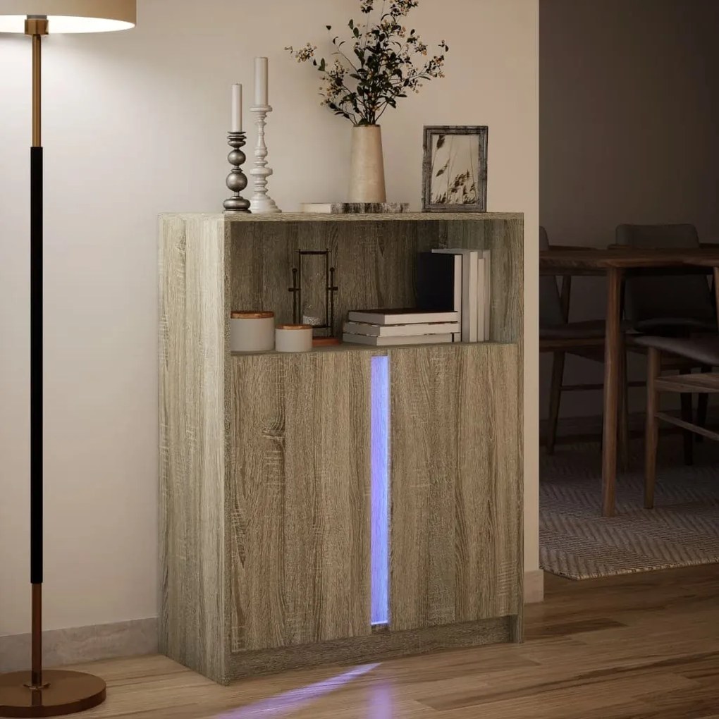sonoma tölgy szerelt fa tálalószekrény LED-del 77 x 34 x 100 cm