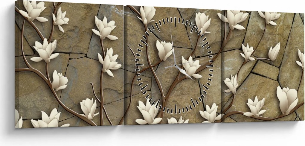 Kép - Fehér magnóliák kőfalazaton (órával) (90x30 cm)