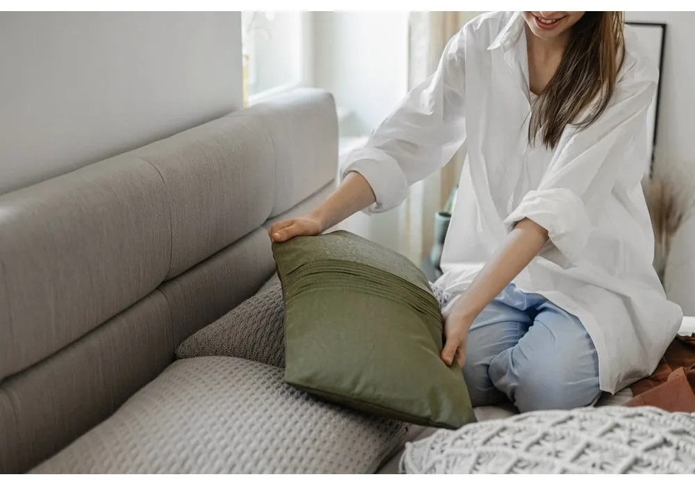 Bézs kárpitozott ágyneműtartós franciaágy ágyráccsal 180x200 cm Lotte – Meise Möbel