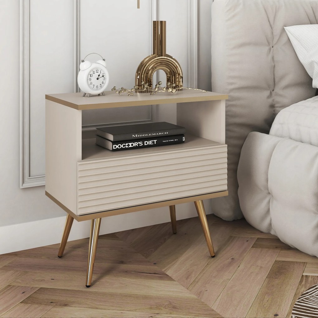 Komodee Elegáns Éjjeliszekrény Banff S54 Mdf Bézs Arany Lábak Díszítés