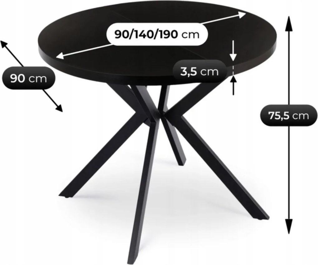 Kihúzható étkezőasztal 90–190 cm méretben, fekete színben LUGO