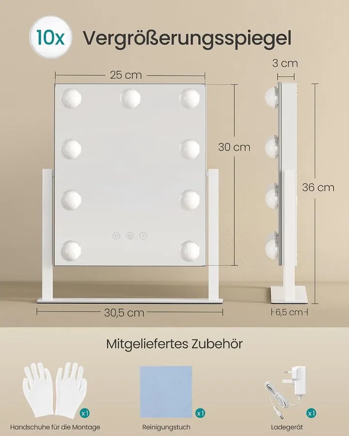 SONGMICS BERIT LED sminktükör, 3 fényszín, 10× nagyítás, 360°-ban forgatható, matt fehér