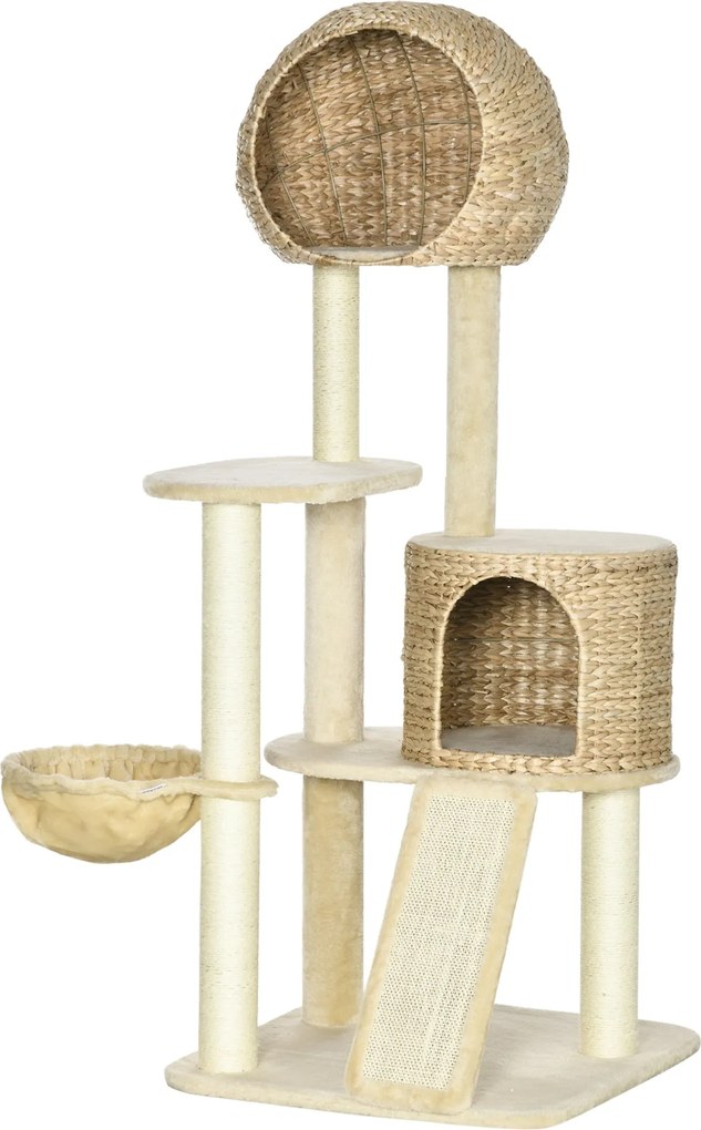 PawHut Macskafa, 150 cm, Macska Torony Macskaházzal, Mászófa Hintaággyal, Zsineg Karmolópókkal és Lejtővel, Karmolófa Alátét, Játékfa, Billenésvédővel