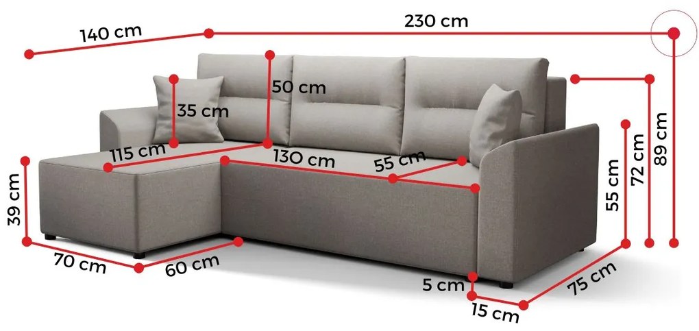 LORINA ágyazható sarok ülőgarnitúra, 230x89x140, kornet 02