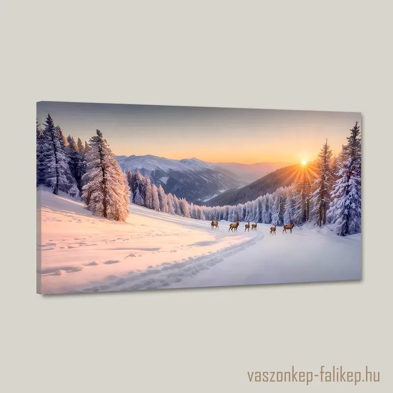 Téli napnyugta az erdei tisztáson szarvasokkal – Prémium falikép 60x34 cm