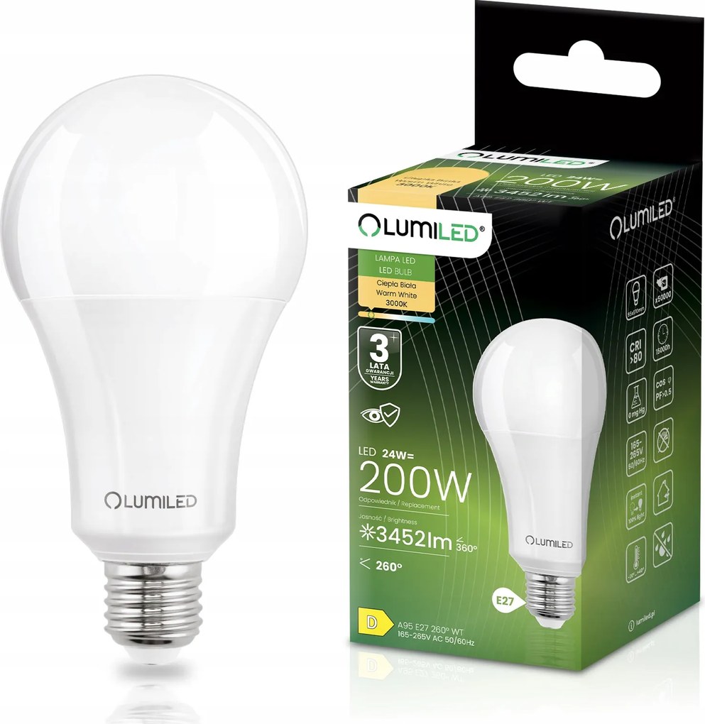 Led izzó E27 24W 200W 3452lm 3000K Meleg Erős Prémium Lumiled