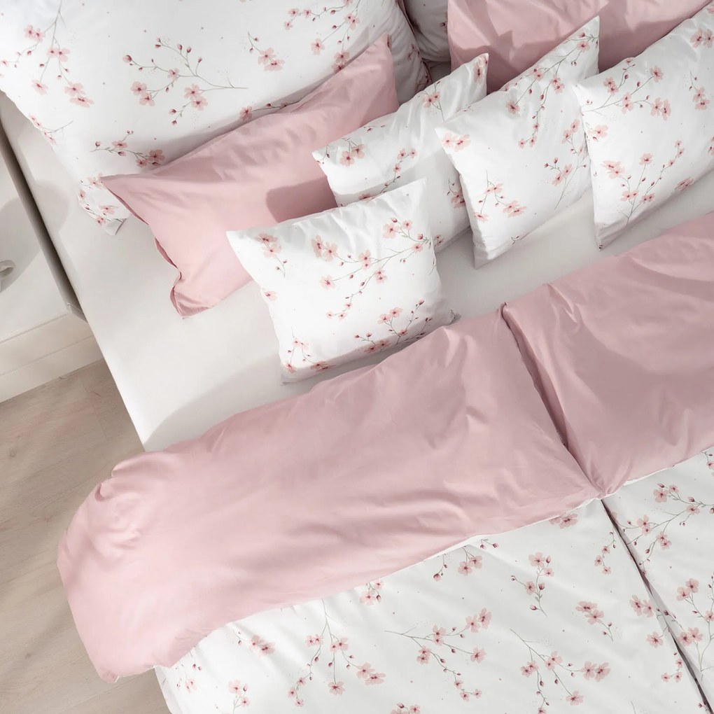 Goldea pamut ágyneműhuzat duo - cseresznyevirágok, púderrózsaszín hátoldal 140 x 200 és 70 x 90 cm