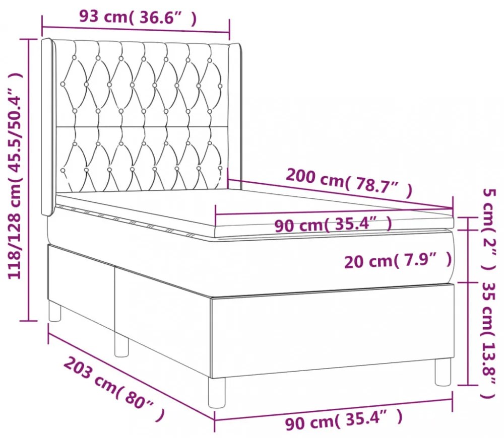 fekete szövet rugós és LED-es ágy matraccal 90x200 cm