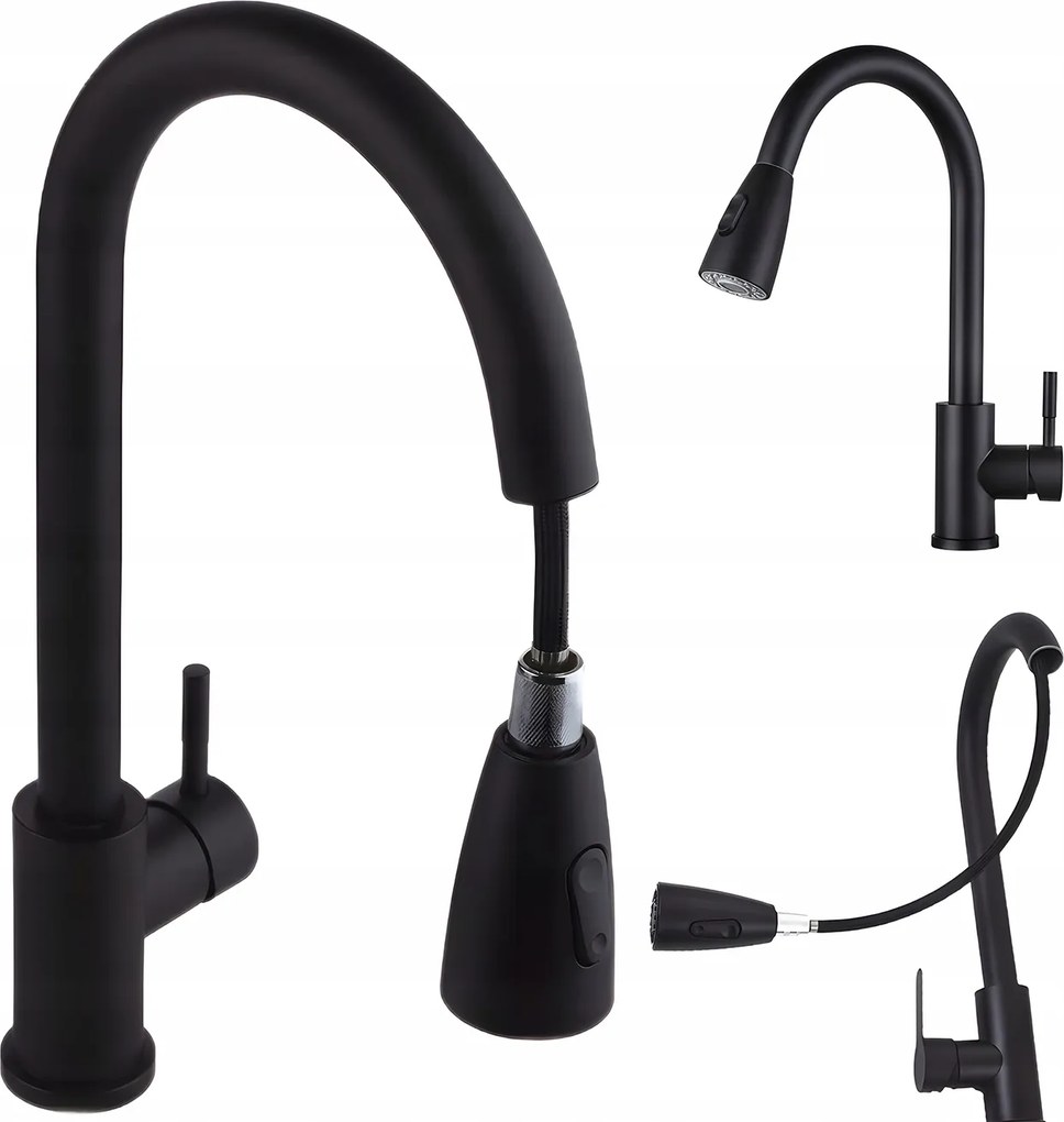 Konyhai Csaptelep Kihúzható Kifolyócső Fekete Rugalmas Fekete Matt