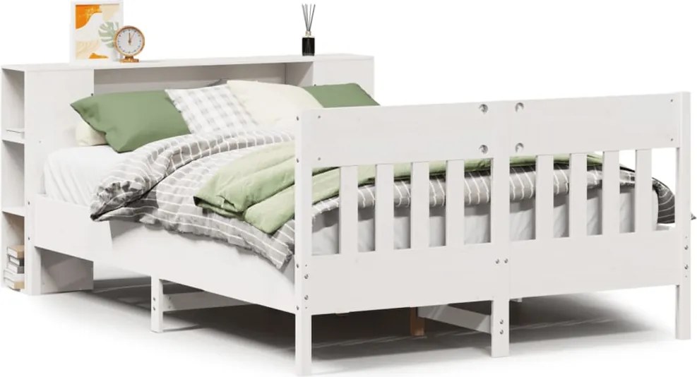 vidaXL fehér tömör fenyőfa könyvespolcos ágy matrac nélkül 135x190 cm