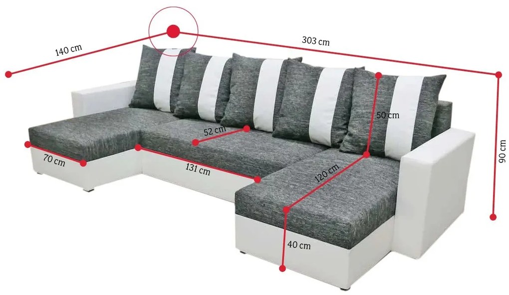 szétnyitható Ülőgarnitúra GRASSA U, 303x140, Kornet 10/Dolaro 4 szürke