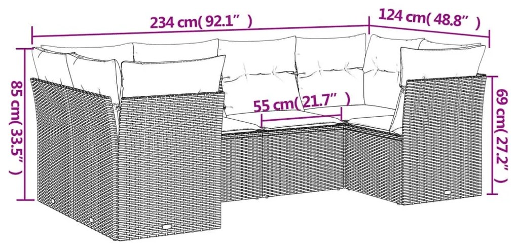 6 részes fekete polyrattan kerti ülőgarnitúra párnákkal