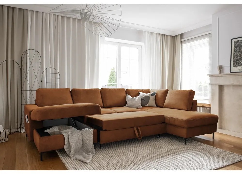 Narancssárgásbarna kordbársony kinyitható sarokkanapé (jobb oldali) Lofty Lilly – Miuform