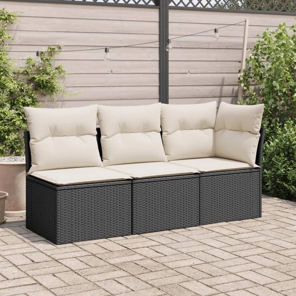 Fekete 3 személyes polyrattan kerti kanapé párnákkal
