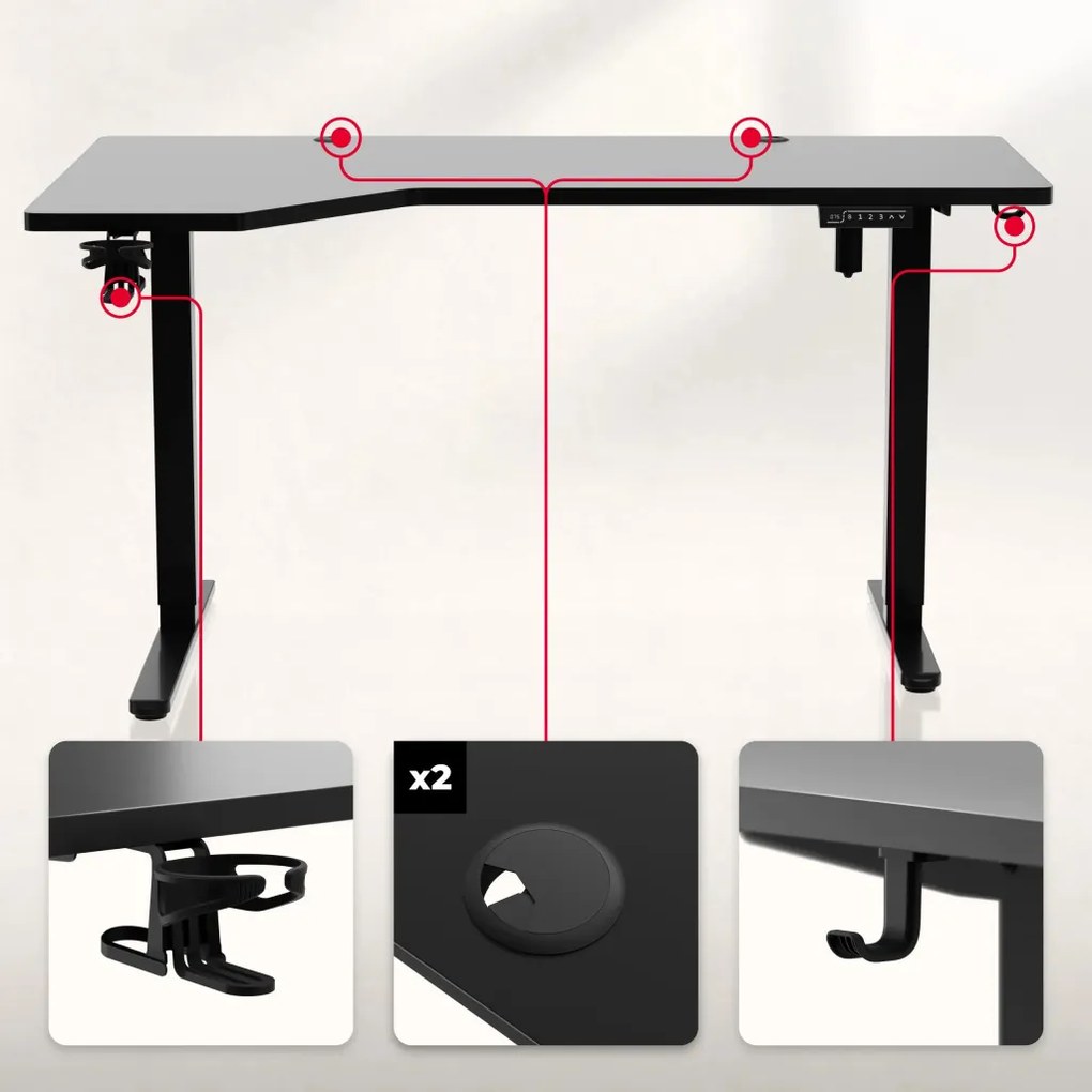 Elektromos állítható magasságú íróasztal, sarokasztal, memória és USB funkcióval, 145 cm x 60 cm, fekete