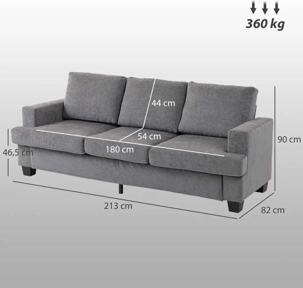 HOMCOM Kanapé, 3 személyes, szövet huzat, acél váz, kárpitozott, 213 x 82 x 90 cm, szürke