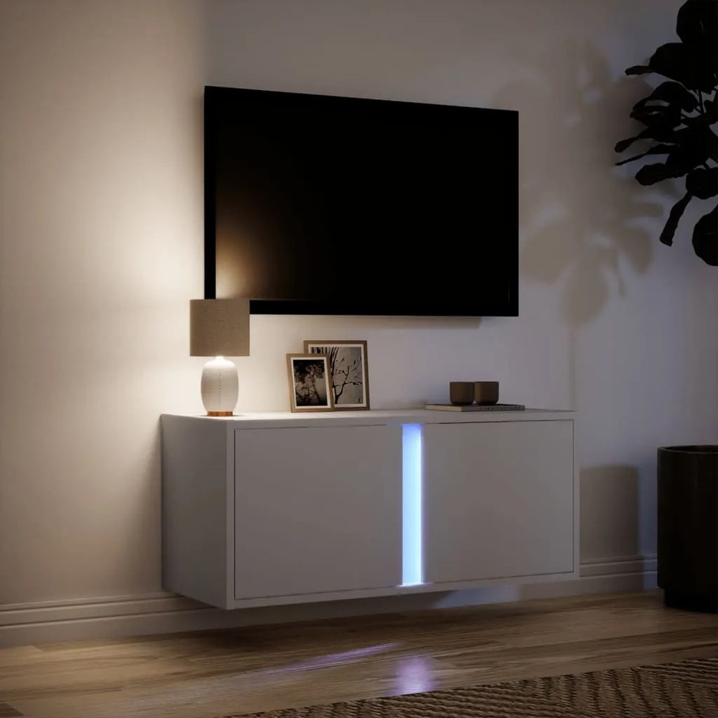 fehér falra szerelhető TV-szekrény LED-lámpákkal 80x31x35 cm
