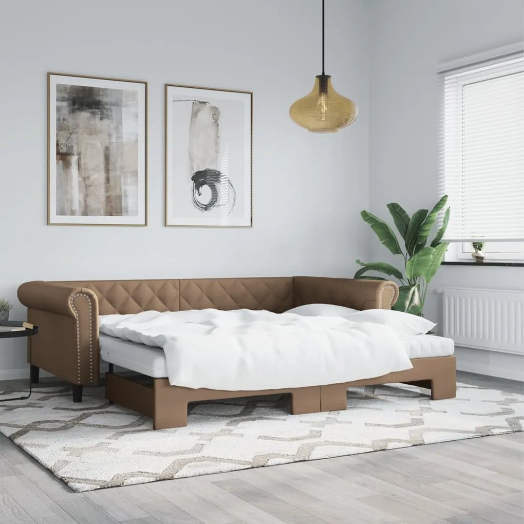 cappuccino színű kihúzható műbőr heverő matraccal 90 x 200 cm