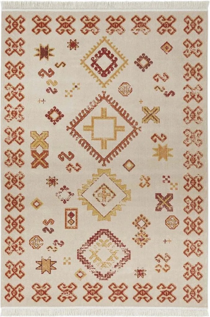 Hagyományos szőnyeg 200x290cm nappaliba, piros-krém puha szőrrel