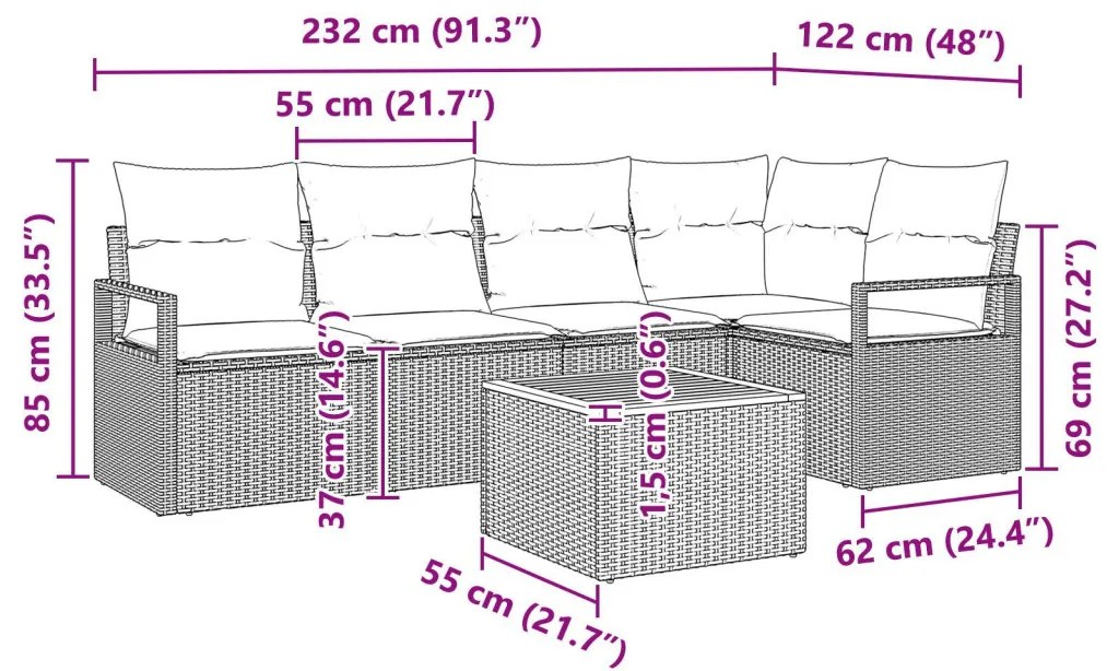 6 darabos Kertibútor Szett Párnákkal Bézs Poli Rattan Akác, 2 Személyes Kertibútor Párnákkal Bézs Poli Rattan