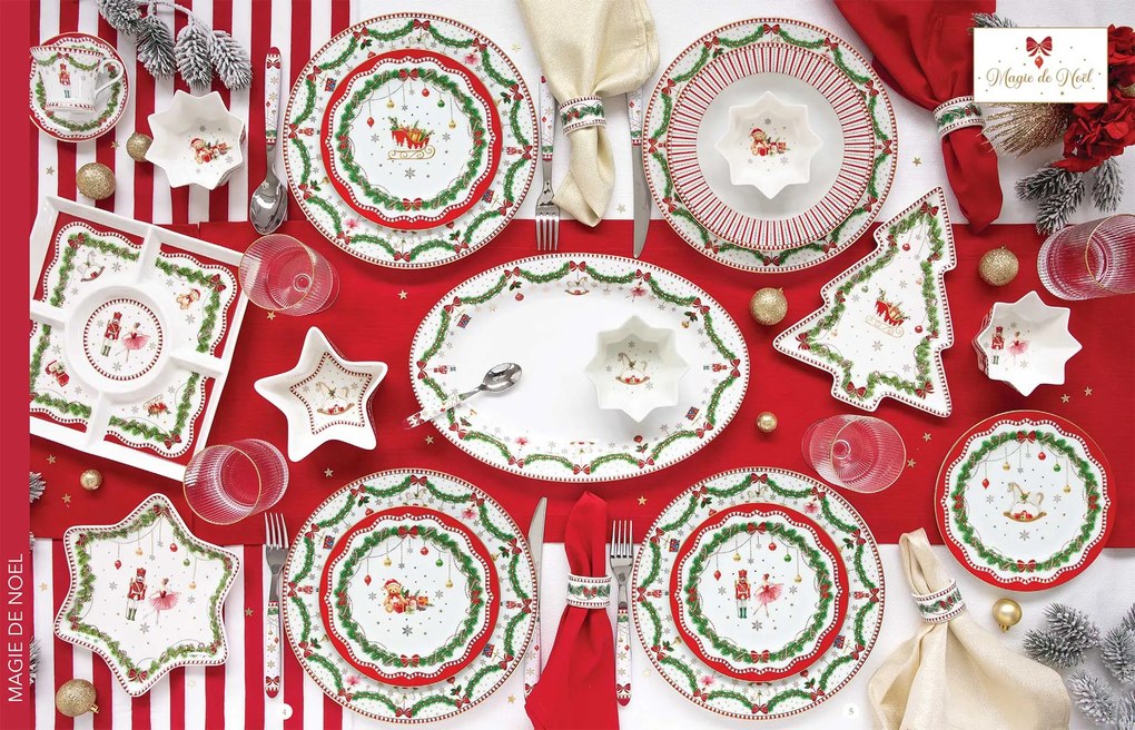 Karácsonyi porcelán keksztároló hintalovas fogantyúval díszdobozban Magie de Noel