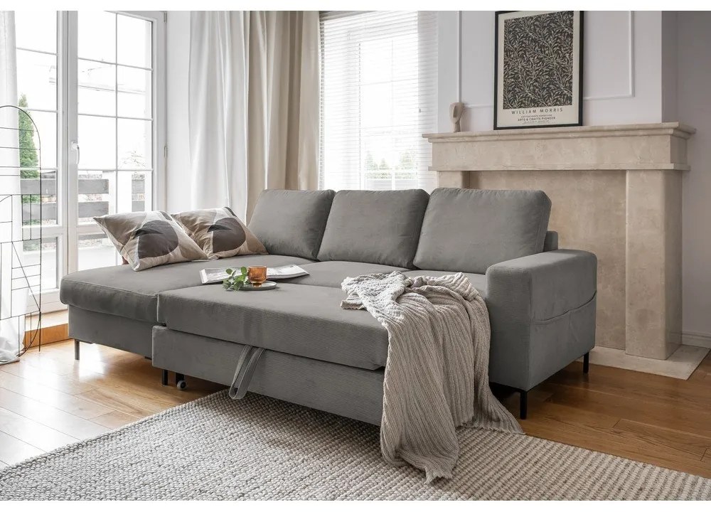 Szürke kordbársony kinyitható sarokkanapé (bal oldali) Lofty Lilly – Miuform