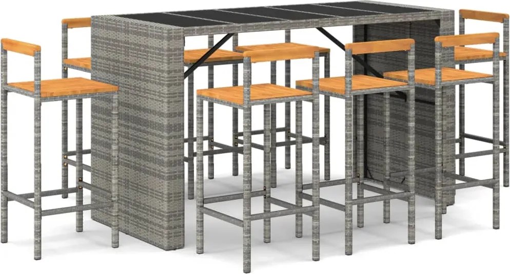 vidaXL 9 részes szürke polyrattan és tömör akácfa kerti bárszett