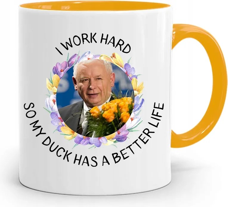 Sárga Vicces Bögre Jaroslaw Kaczynski felirattal, fényképpel