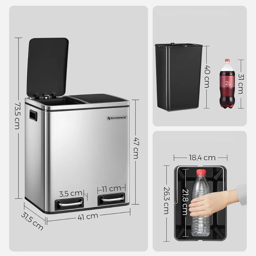 SORT hulladékgyűjtő tartály 30l (2×15l), ezüst SongmicsHome