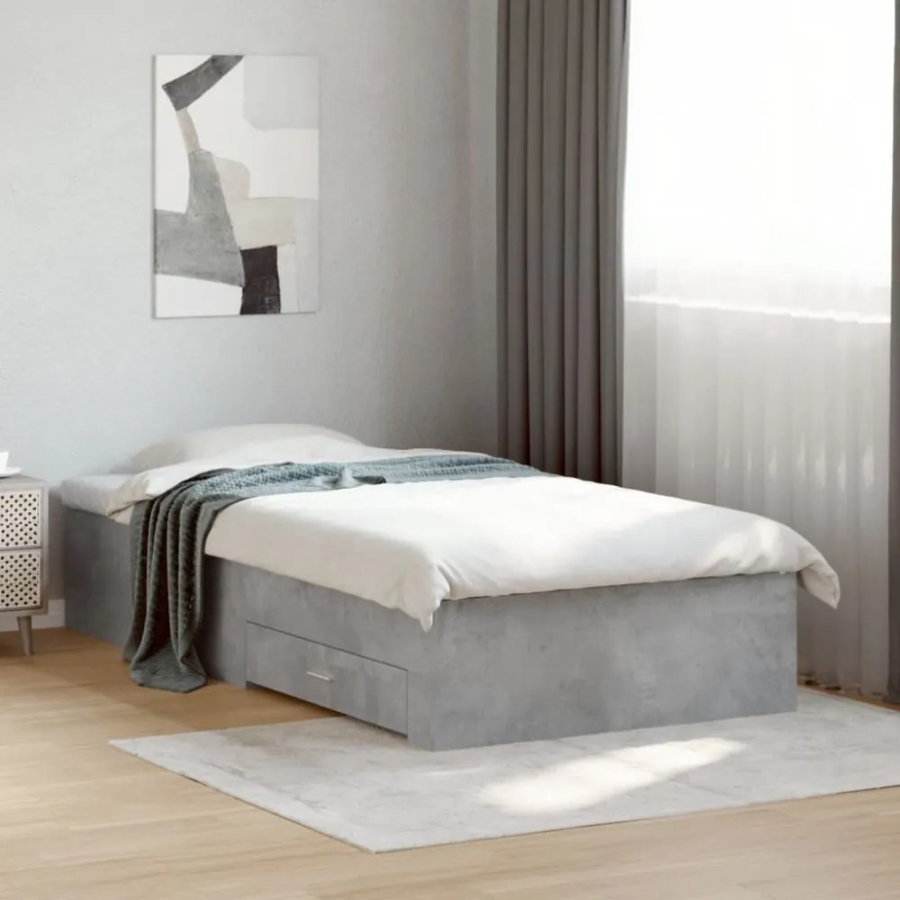 betonszürke szerelt fa ágykeret fiókokkal 90 x 200 cm
