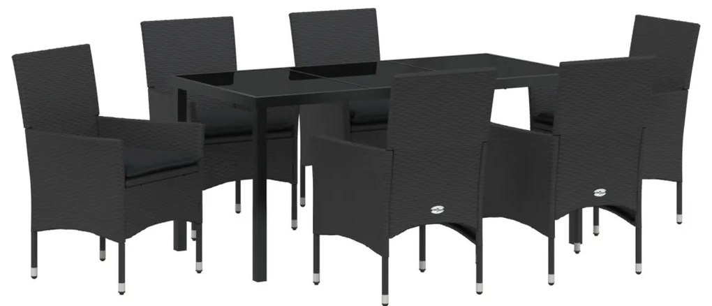 7 Darabos Kert Étkező Szett Párnákkal Fekete Polirattan, Kerti Asztal Fekete 160x80x73 cm Edzett Üveg
