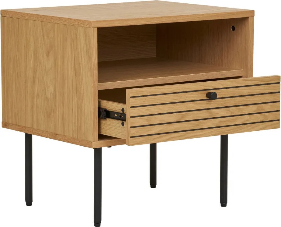 Kyoto lerakóasztal 1 fiókkal, tölgy furnér, natúr, fekete fém lábakkal, 50x40x50 cm