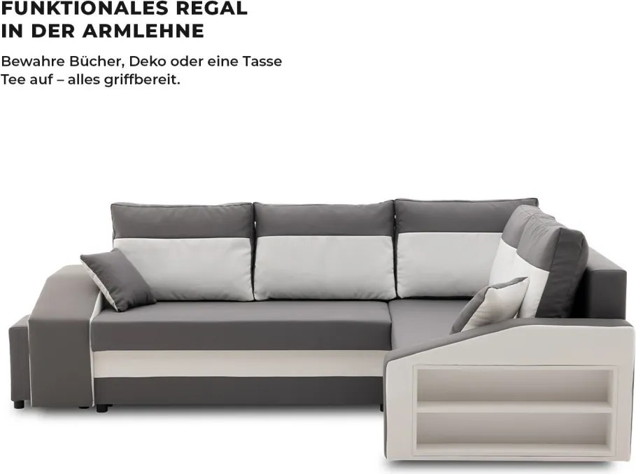 Grande sarokkanapé polcokkal és puffokkal , polc a jobb karfaban puffok a bal karfaban, jobboldali, szövet anyag, bonell töltet, szürke - fehér