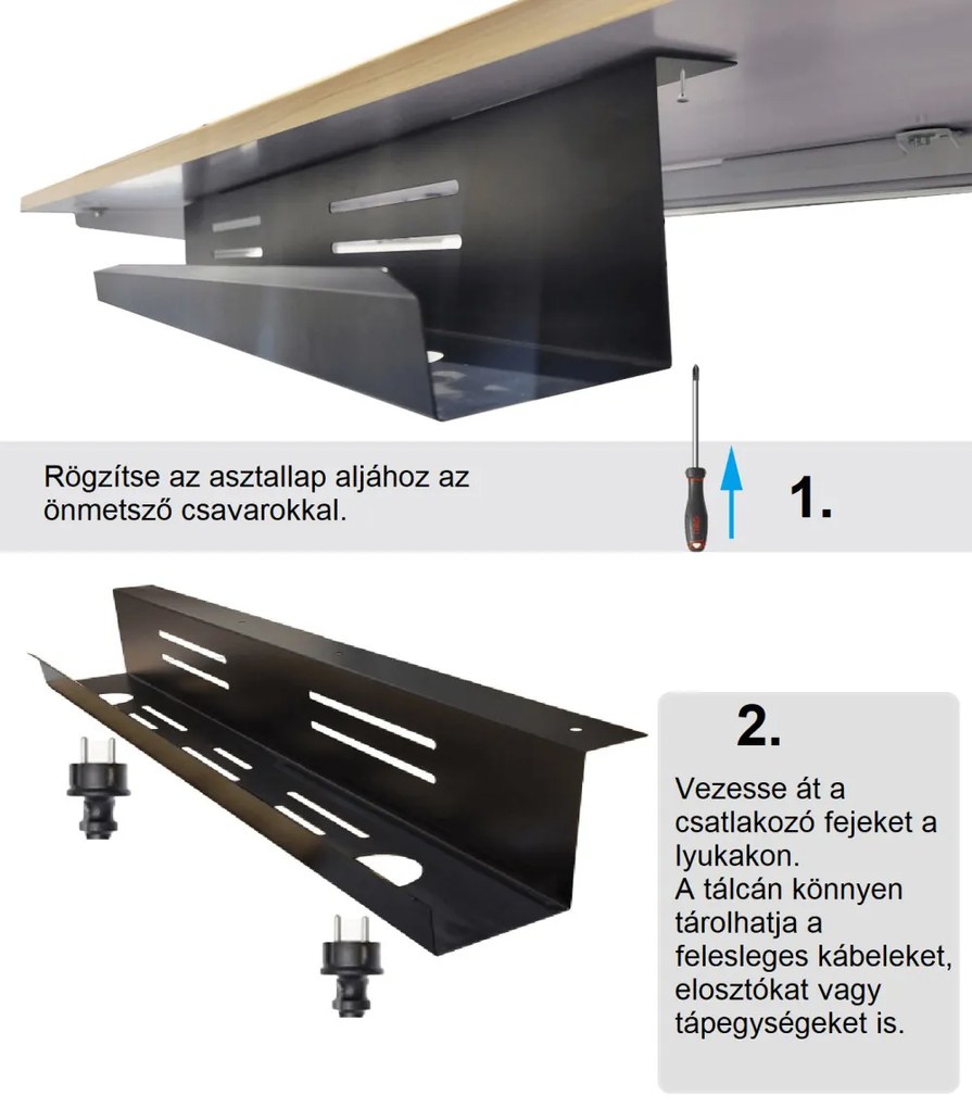 Kábeltartó Tálca 70 cm, Fekete - Asztal Alá Szerelhető