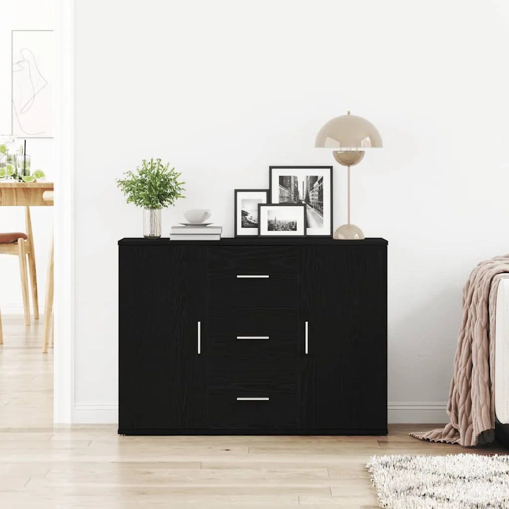 fekete tölgyszínű szerelt fa tálalószekrény 91 x 29,5 x 65 cm