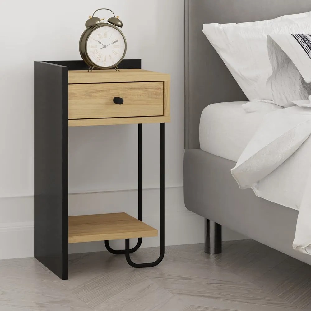 Fekete-natúr színű éjjeliszekrény tölgyfa dekorral Mercure – Marckeric