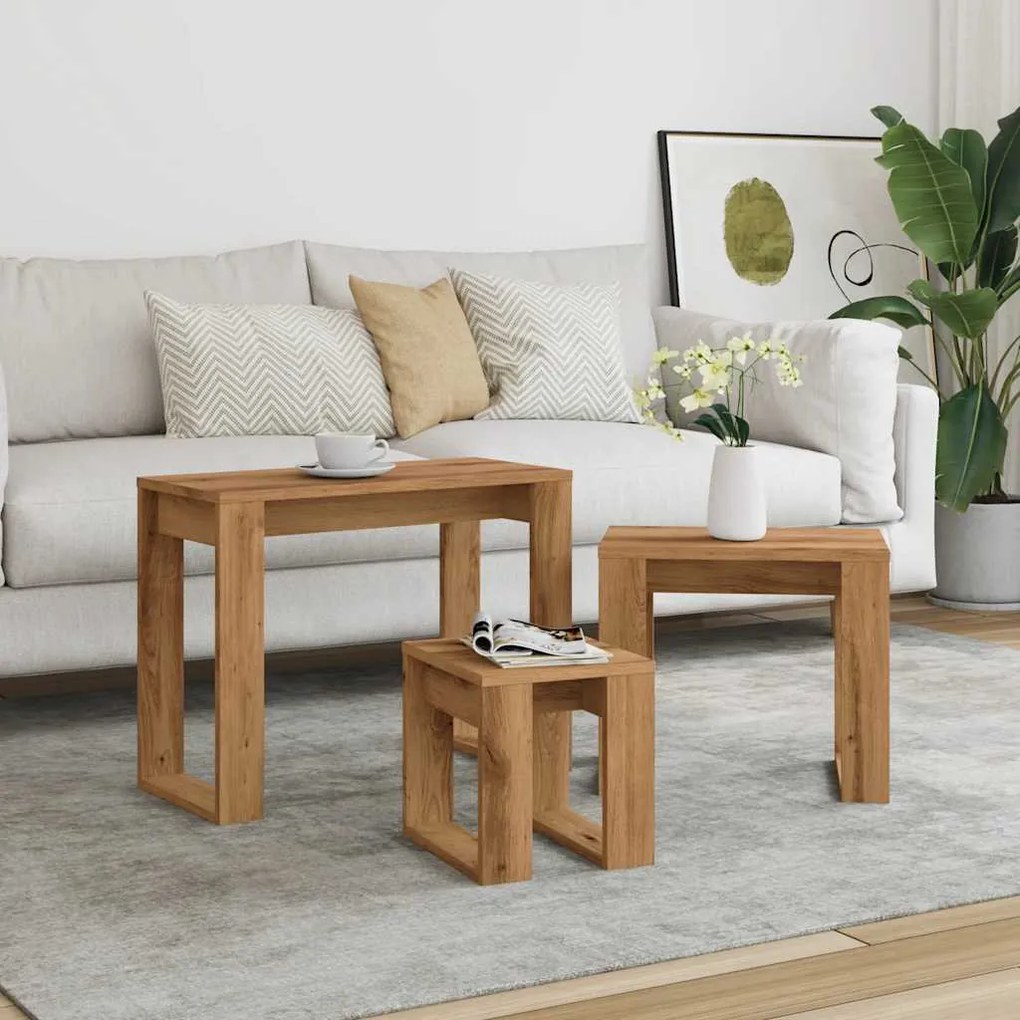 vidaXL 3 db kézműves tölgy színű szerelt fa dohányzóasztal