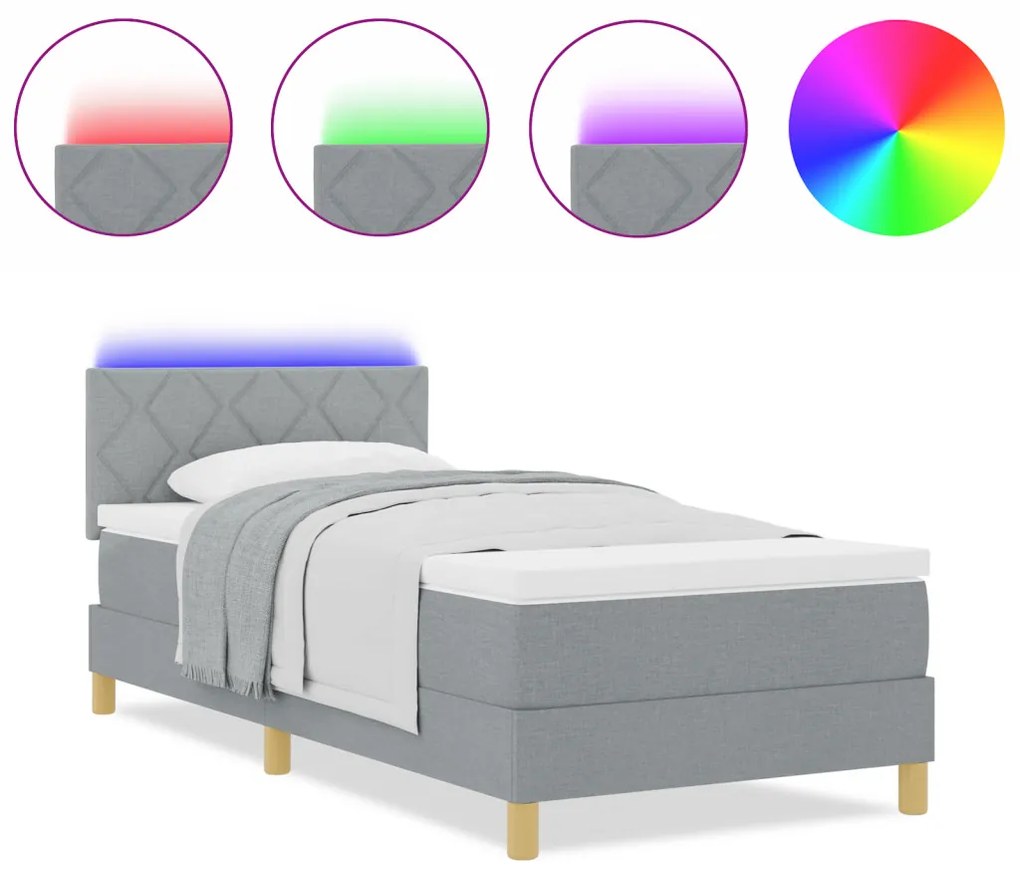 Box Spring ágy matraccal és LED világítással, világosszürke, 90x200 cm, szövet