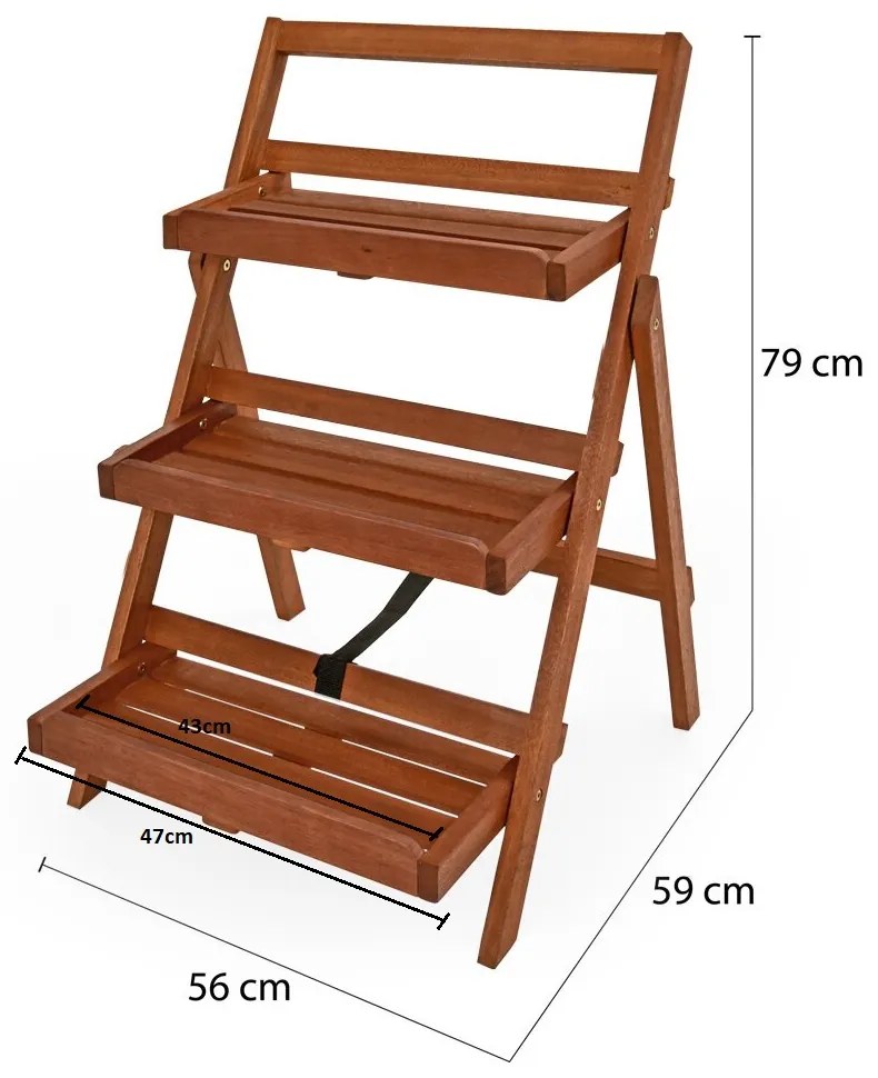 TULIP fa virágtartó állvány, 3 szintes, 56x59x79cm, barna Casaria