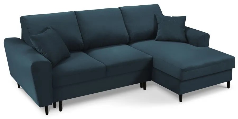 Sötétkék kordbársony kinyitható tárolóhelyes sarokkanapé (jobb oldali-heverő résszel) Kyoto – Cosmopolitan Design